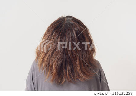 ぼさぼさの髪の毛の女性の後ろ姿 116131253