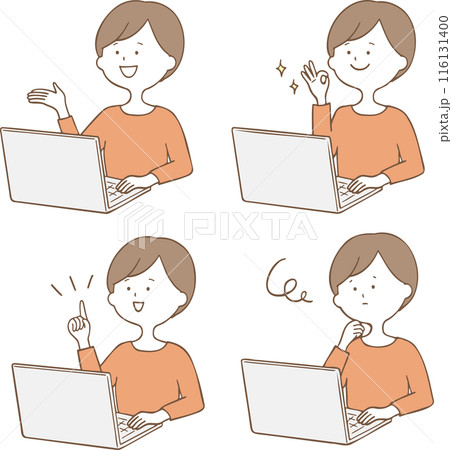 イラスト素材：パソコン操作する女性 いろいろなポーズセット 116131400