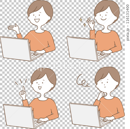 イラスト素材：パソコン操作する女性 いろいろなポーズセット 116131400