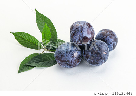 Raw purple plums heap with leaves 116131443