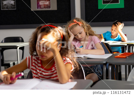 In school, diverse young students focusing on their work in the classroom In school, diverse young students focusing on their work in the classroom 116131472