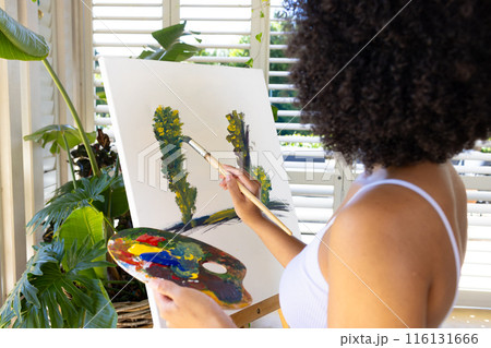 Biracial young woman painting on canvas at home, focusing intently 116131666