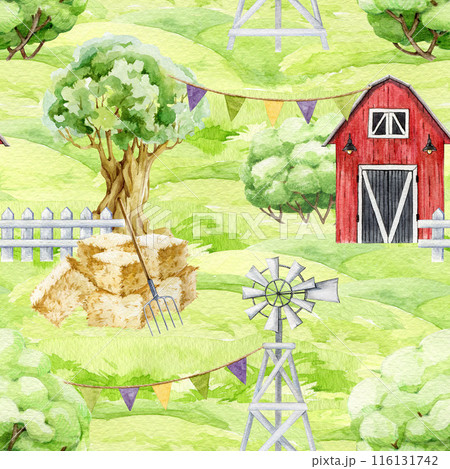 Farm life elements seamless pattern. Watercolor illustration. Hand drawn red barn, windmill, white fence, oak tree, green grass. Village farm landscape scene seamless pattern 116131742