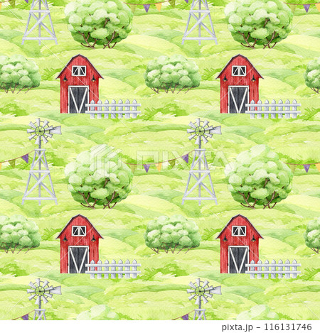 Farm scene seamless pattern. Watercolor vintage style illustration. Hand drawn red barn, windmill, white fence, bushes, green grass. Village farm landscape scene seamless pattern Farm scene seamless pattern. Watercolor vintage style illustration. Hand drawn red barn, windmill, white fence, bushes, green grass. Village farm landscape scene seamless pattern 116131746