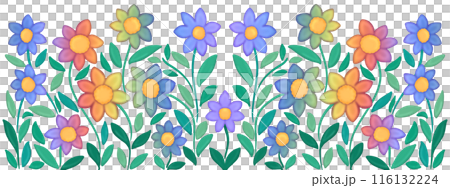 A row of cute and bright rainbow flowers for decorating paper frames. A row of cute and bright rainbow flowers for decorating paper frames. 116132224