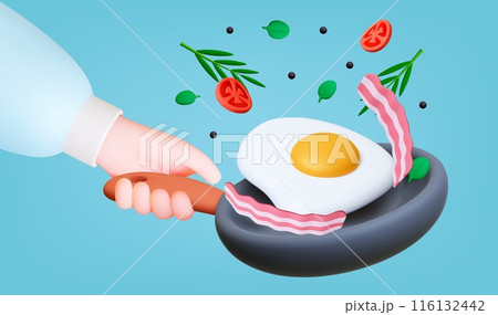 Female hand hold frying pan. 3d cooking concept. Woman cook breakfast, fried eggs with bacon greens tomatoes and pepper. Render realistic food vector banner Female hand hold frying pan. 3d cooking concept. Woman cook breakfast, fried eggs with bacon greens tomatoes and pepper. Render realistic food vector banner 116132442