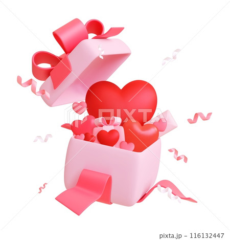 Romantic surprise box 3d design. Pink and red hearts, letter and confetti. Open gift with love elements inside. Realistic render vector concept Romantic surprise box 3d design. Pink and red hearts, letter and confetti. Open gift with love elements inside. Realistic render vector concept 116132447