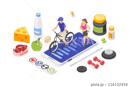 Isometric sport and healthy lifestyle. Cycling and running tracking in app on smartphone. Fresh food, workout tools and dietary supplements, flawless vector concept Isometric sport and healthy lifestyle. Cycling and running tracking in app on smartphone. Fresh food, workout tools and dietary supplements, flawless vector concept 116132458