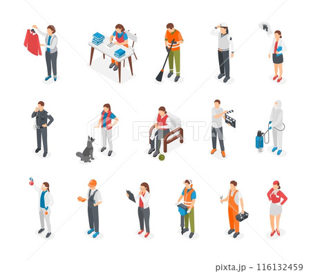 Different professions people in uniform. Isometric professionals wear working clothes. Policeman seaman manager and dog trainer, flawless vector set Different professions people in uniform. Isometric professionals wear working clothes. Policeman seaman manager and dog trainer, flawless vector set 116132459