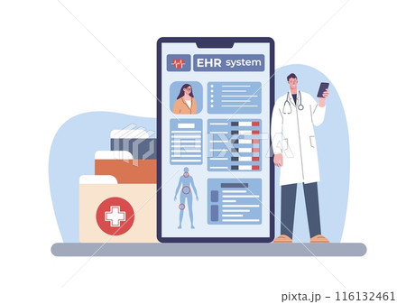 Electronic health record. Medical patient information, smart technologies in medicine. Doctor with tablet, telemedicine kicky vector scene 116132461