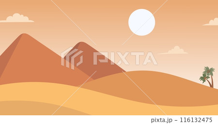 Cartoon desert landscape. Sand dunes and pyramids, palm tree and sunset. Game south location, arabian trade route, sahara vector location 116132475