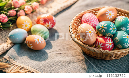 Happy Easter day with colorful egg prints copy space for text Happy Easter day with colorful egg prints copy space for text 116132722