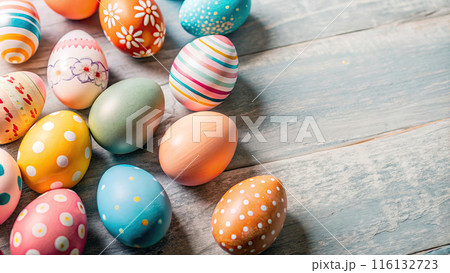 Happy Easter day with colorful egg prints copy space for text 116132723