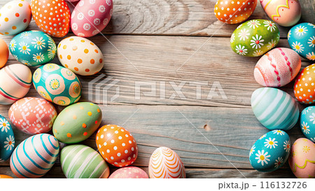 Happy Easter day with colorful egg prints copy space for text 116132726