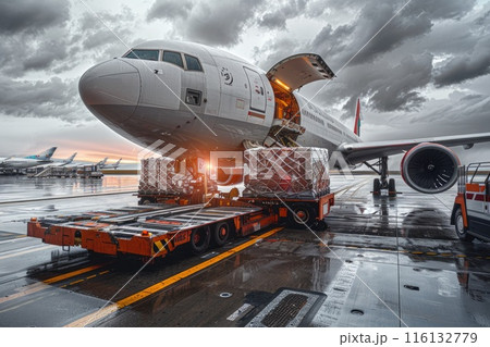 Commercial airplane being loaded with cargo containers at a busy airport Commercial airplane being loaded with cargo containers at a busy airport 116132779
