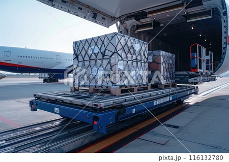 Commercial airplane being loaded with cargo containers at a busy airport Commercial airplane being loaded with cargo containers at a busy airport 116132780