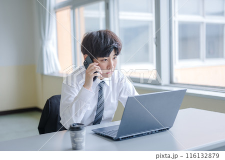 電話しながらPCを見るビジネスマン 116132879