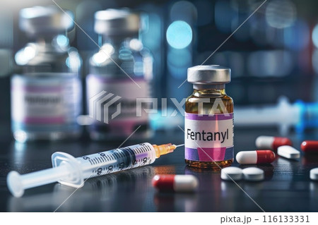 Fentanyl drug and syringe. Fentanil is opioid used as a pain medication and for anesthesia. 116133331