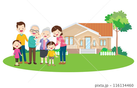 Happy big family in front of house ,rainbow 116134460