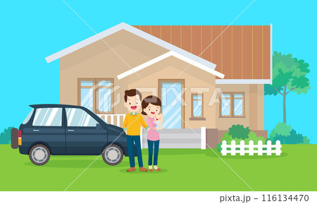 Happy big family in front of house ,rainbow 116134470