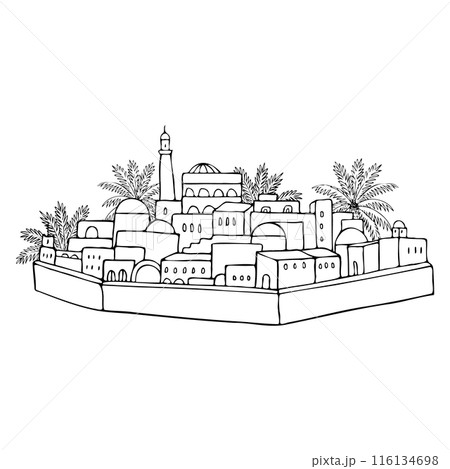 Middle east ancient city oasis palm tree in desert 116134698