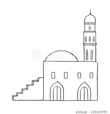 Moroccan Arabic minimalist landscape of old town simple black and white vector illustration. Ancient Middle East architecture with tower and stairs line sketch Moroccan Arabic minimalist landscape of old town simple black and white vector illustration. Ancient Middle East architecture with tower and stairs line sketch 116134705