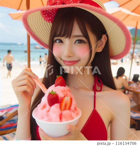 ビーチでかき氷を食べる若い女性 ビーチでかき氷を食べる若い女性 116134706