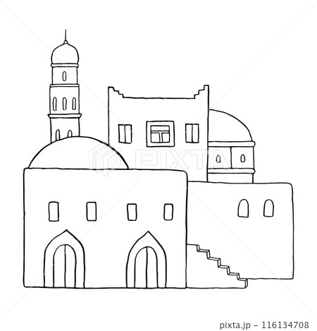 Jerusalem old town street flat line vector illustration in black and white. Minimalist Arabic houses landscape in Middle East. Islamic architecture with tower and stairs sketch 116134708