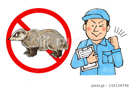 アナグマ駆除業者の男性作業員(アナグマ禁止マーク) アナグマ駆除業者の男性作業員(アナグマ禁止マーク) 116134748
