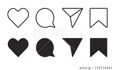 Media Icons interface social media like, chat, send and save symbols. Minimal ig set. Like notification, comment notification, follower notification social media 116134881