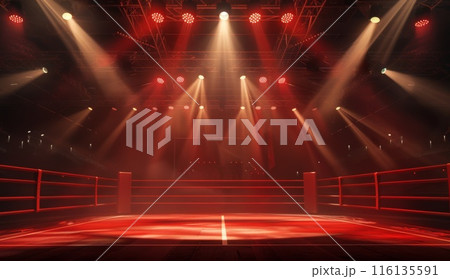 Boxing arena. Sport boxer fight stadium with spotlight. Professional combat fight stage. Wrestling arena illustration. MMA event event background Boxing arena. Sport boxer fight stadium with spotlight. Professional combat fight stage. Wrestling arena illustration. MMA event event background 116135591