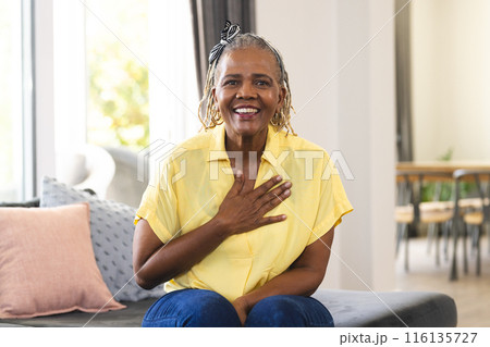African American senior woman sitting at home, laughing, hand on chest during a video call African American senior woman sitting at home, laughing, hand on chest during a video call 116135727