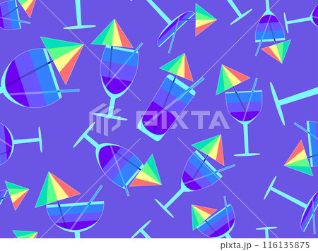 Glass with umbrella and straw seamless pattern. Multi-colored cocktail in a glass with a white outline. Tropical striped cocktail in a glass with an umbrella and a straw. Vector illustration 116135875