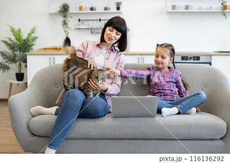 Mother and daughter bonding with cat while using laptop at home 116136292