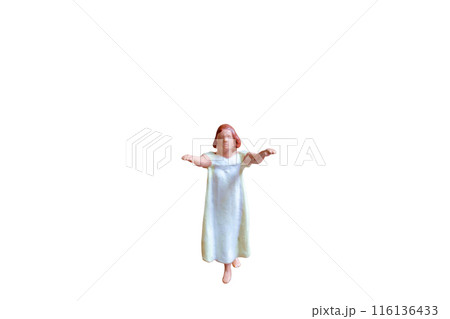 A woman sleepwalking in pajamas isolated on a white background with clipping path A woman sleepwalking in pajamas isolated on a white background with clipping path 116136433