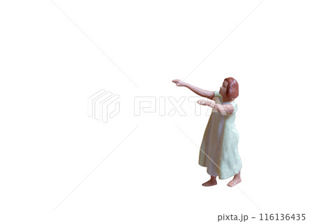 A woman sleepwalking in pajamas isolated on a white background with clipping path A woman sleepwalking in pajamas isolated on a white background with clipping path 116136435