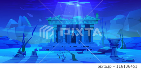 Ancient sunken Greek temple on sea bottom. Ancient sunken Greek temple on sea bottom. 116136453