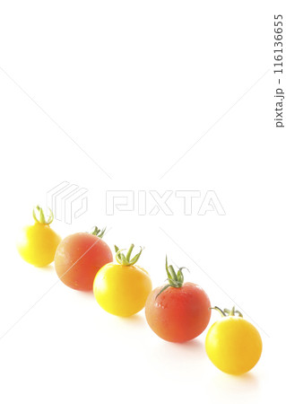黄色と赤色のミニトマトを白背景で撮影 116136655
