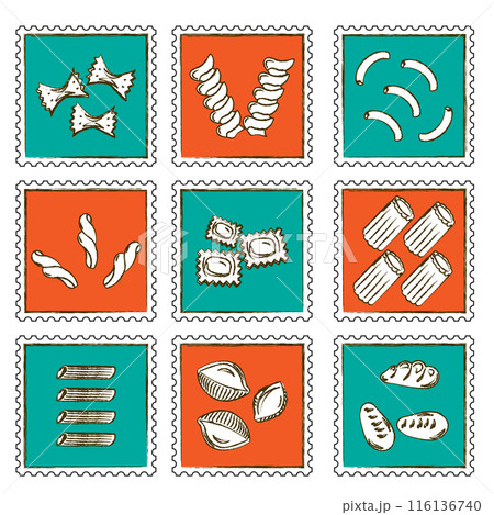さまざまな種類のショートパスタの切手風フレームつきイラスト 116136740