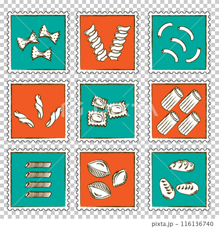 さまざまな種類のショートパスタの切手風フレームつきイラスト 116136740