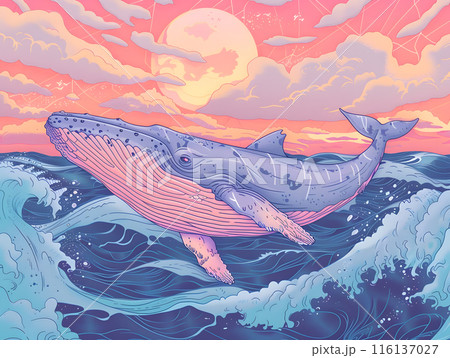 Majestic Whale Beneath Vibrant Sunset Majestic Whale Beneath Vibrant Sunset 116137027