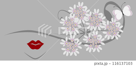Abstract portrait of a girl with flowers and a butterfly on a gray background. Abstract portrait of a girl with flowers and a butterfly on a gray background. 116137103