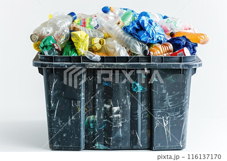 Black plastic bin overflowing with mixed trash, isolated on white background. Useful for waste disposal and recycling education. 116137170