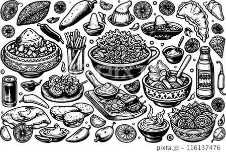 Outline Set of Mexican Food 116137476