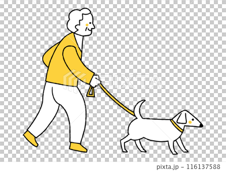 An old man taking his dog for a walk An old man taking his dog for a walk 116137588