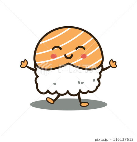 Cute Sushi Japanese Food Cartoon Character with Rice and Salmon Fish Cute Sushi Japanese Food Cartoon Character with Rice and Salmon Fish 116137612