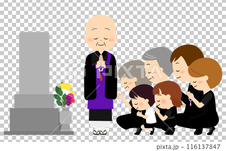A three-generation family visiting a grave for a memorial service 116137847