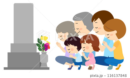 墓参りに来た三世帯家族 116137848