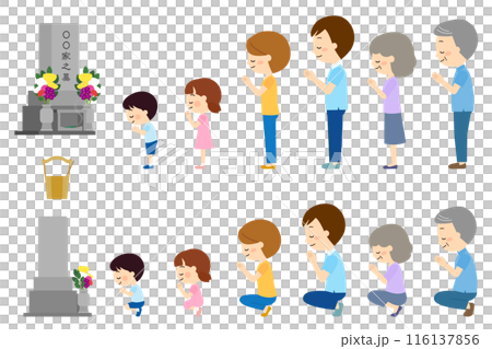 墓参りに来た三世帯家族セット 116137856