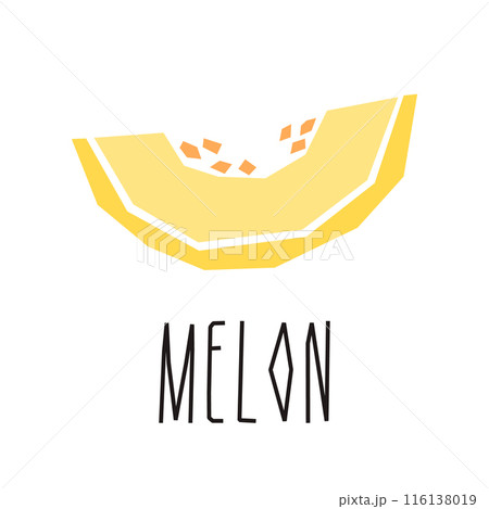 Melon cartoon illustration and text isolated on white. Tropical fruits. Yellow melon slice geometric logo, print, design. Vector illustration 116138019